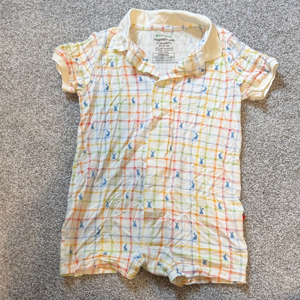 Magnetic Me Easter Bunny Yellow Plaid Polo Romper with Blue & Orange Accents